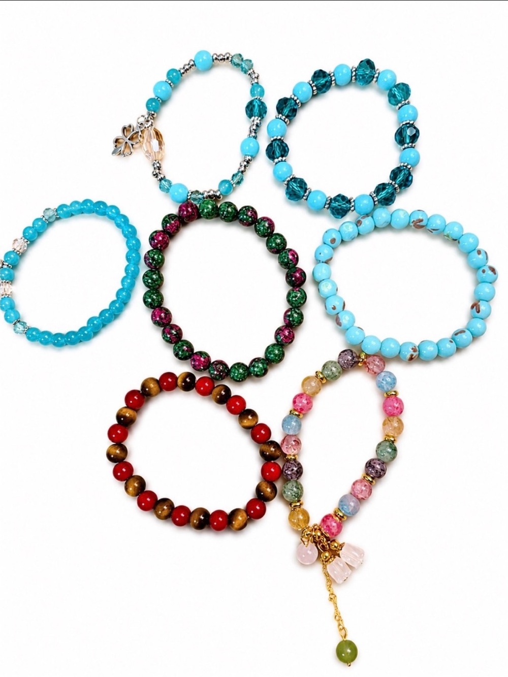 🆕 BUNDLE BRACELETS Turquoise and Multi-Bead Stretch Bracelet Set - Women Jewelry